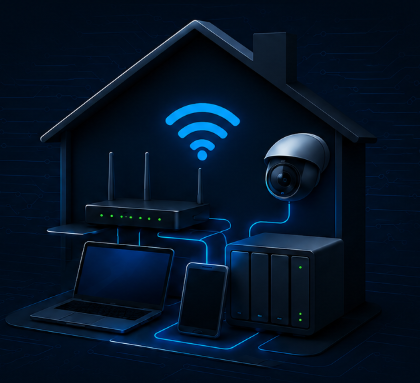 Home networking, Wi-Fi, security camera, laptop, phone, and server equipment